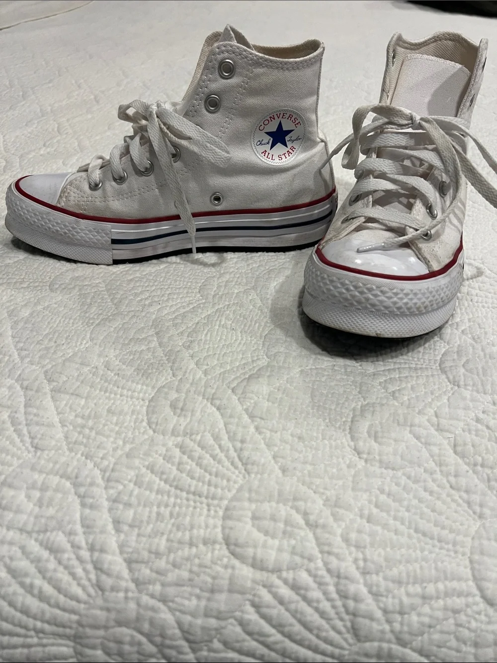 Converse Kids White High Top Sneakers with Red & Blue Trim